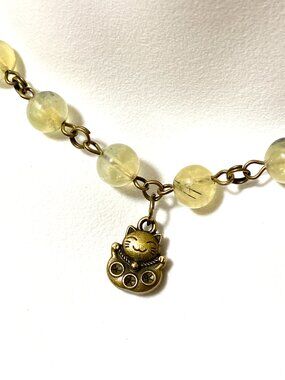 Natural Yellow Green Prehnite Short Necklace, Gemstone & Bronze Fortune Cat